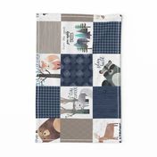 Woodland Critters Patchwork Quilt - Bear Moose Fox Raccoon Wolf, Navy + Tan Design GingerLous ROTATED