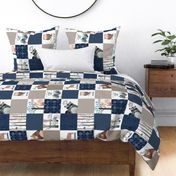 Woodland Critters Patchwork Quilt - Bear Moose Fox Raccoon Wolf, Navy + Tan Design GingerLous ROTATED