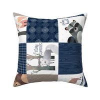 Woodland Critters Patchwork Quilt - Bear Moose Fox Raccoon Wolf, Navy + Tan Design GingerLous ROTATED