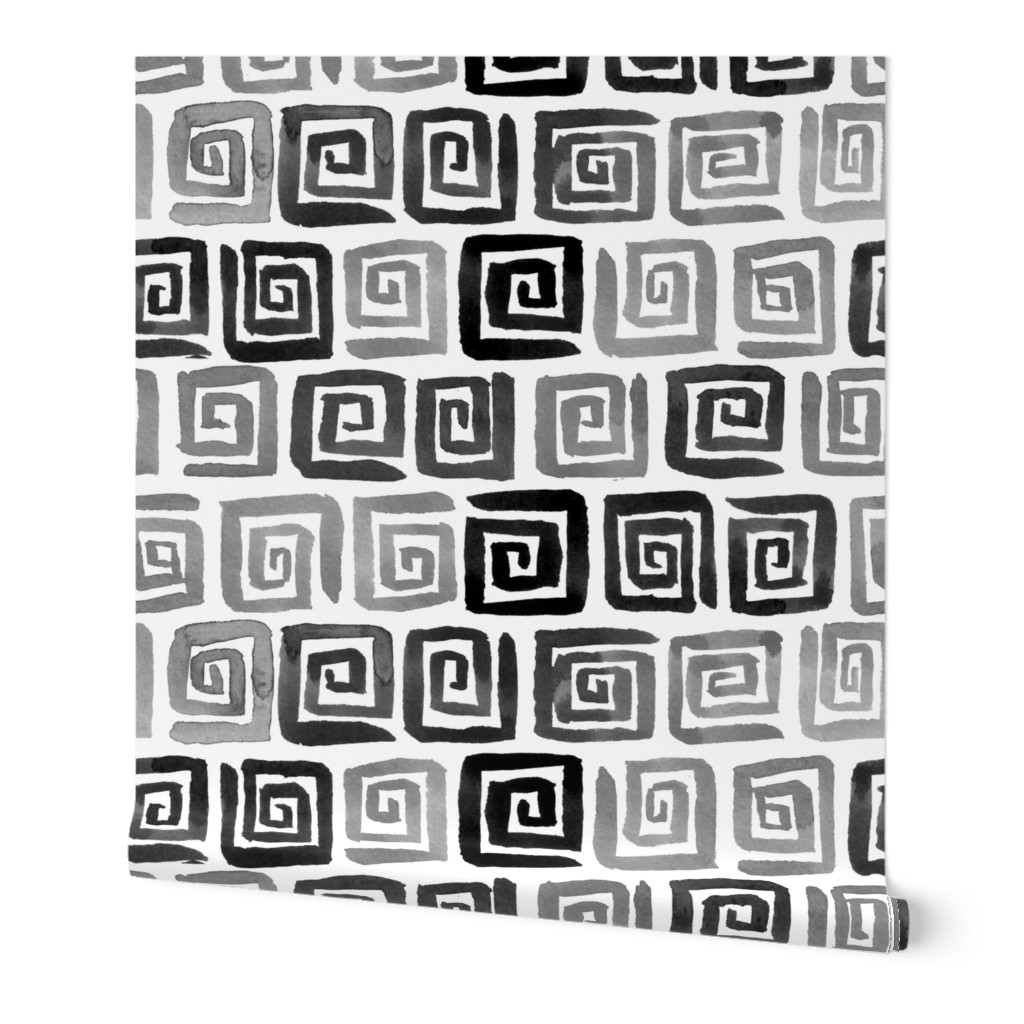 Watercolor Greek Key  - Black, White, Gray