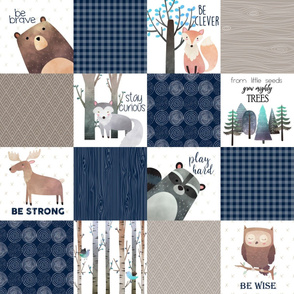 Woodland Critters Patchwork Quilt - Bear Moose Fox Raccoon Wolf, Navy + Tan Design GingerLous