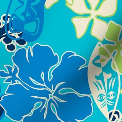 Tropical Tiki Whimsical Hawaiian Retro Floral - Turquoise