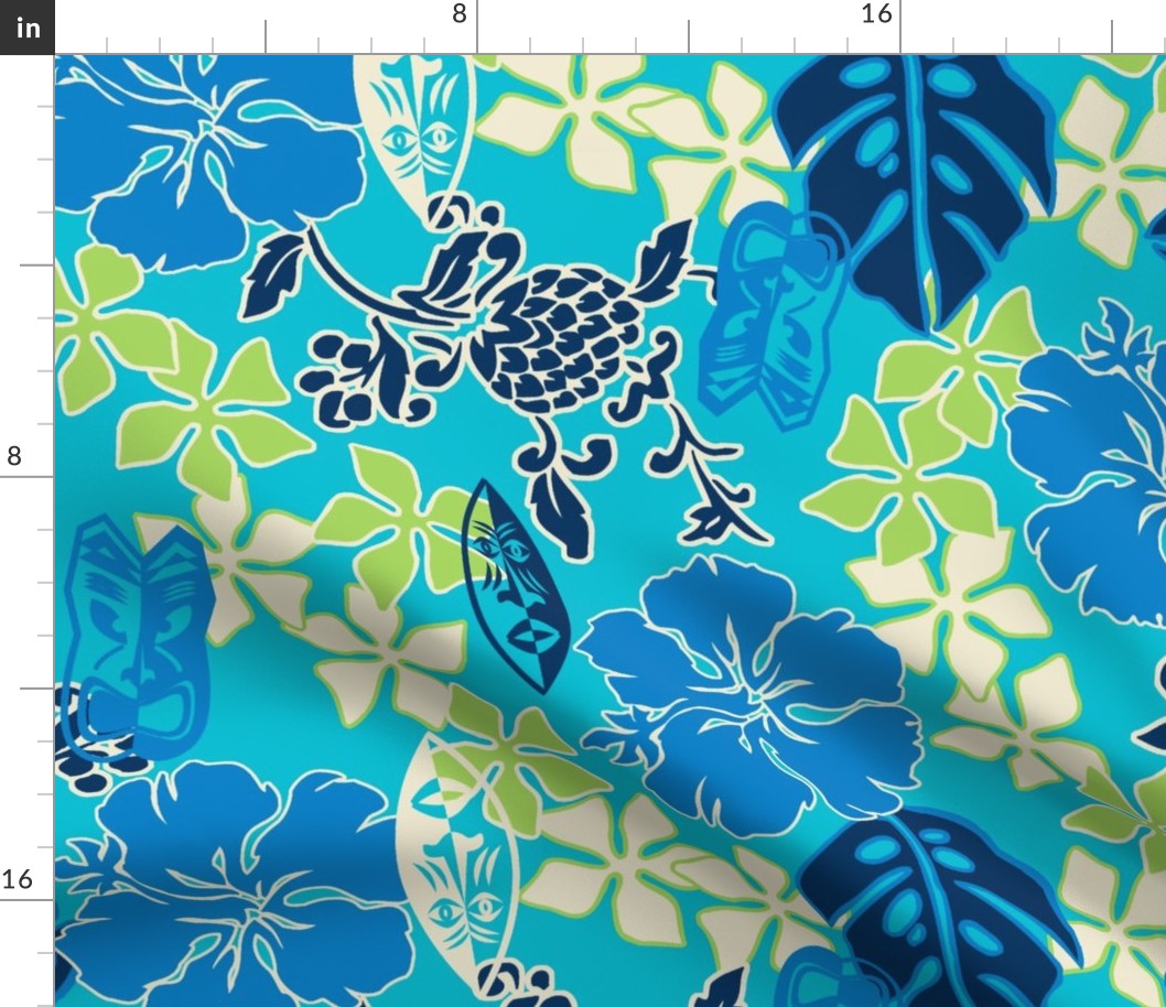 Tropical Tiki Whimsical Hawaiian Retro Floral - Turquoise