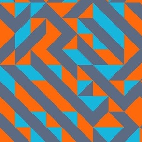 Crazy Mazey Geometric Cheater Quilt in Gray Blue and Orange