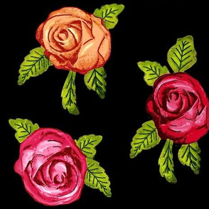 Multicolored Roses on Black / Red Pink Orange  