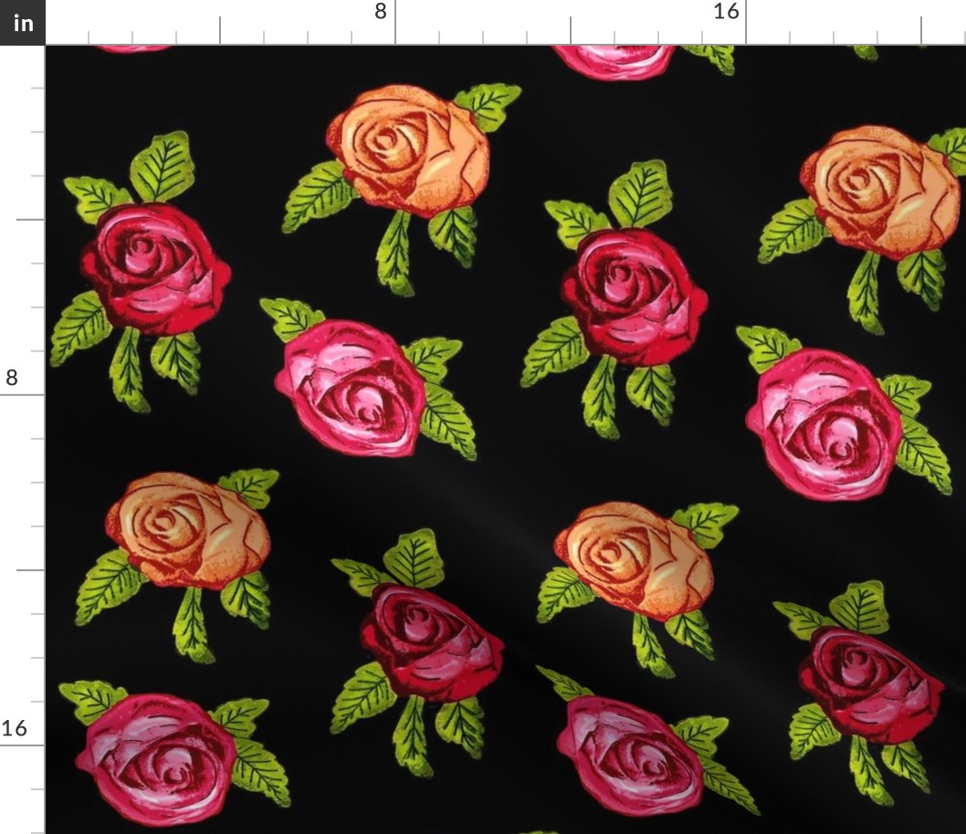 Multicolored Roses on Black / Red Pink Orange  