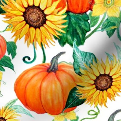 Pumpkins and Sunflowers with moths and pumpkin flowers in watercolor