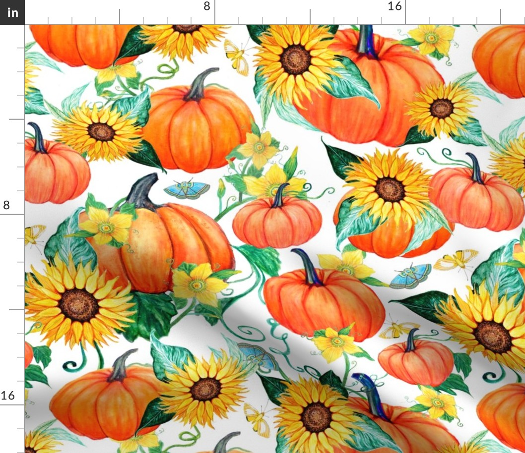 Pumpkins and Sunflowers with moths and pumpkin flowers in watercolor