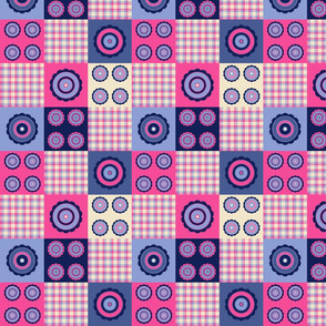 Gingham and floral rosettes in a vibrant patchwork of pinks, purples, and blues.