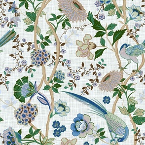 Chinoiserie Chintz on linen pattern wallpaper-blues, greens