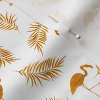 Gold flamingo and palm branches. White pattern