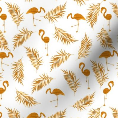 Gold flamingo and palm branches. White pattern