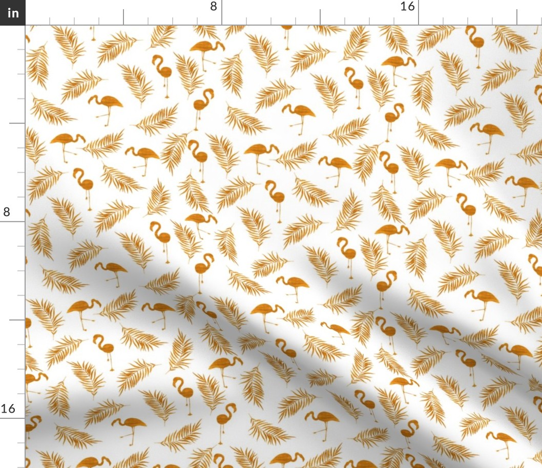 Gold flamingo and palm branches. White pattern