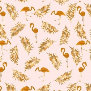 Gold flamingo and palm branches. Pink pattern