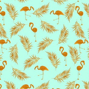 Gold flamingo and palm branches. Mint pattern