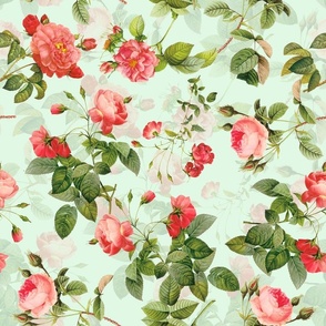 Nostalgic Pink Pierre-Joseph Redouté Roses, Antique Flower Bouquets,  vintage home decor, English Rose Fabric on apple green double layer