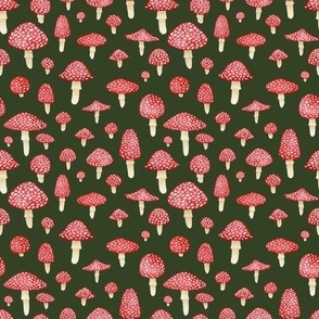 Red Mushrooms on Olive Green - Small Print