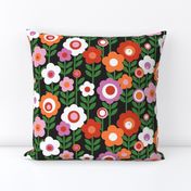 Marguerite* (Pink Orange Red on Black) || '70s mod floral