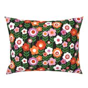 Marguerite* (Pink Orange Red on Black) || '70s mod floral