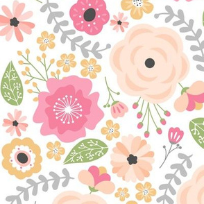 Happy Floral – Pink Blush Gold Peach Flowers, Girls Bedding, LARGER scale