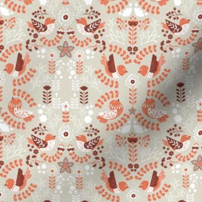 Scandinavian Floral Birds - Orange Gray