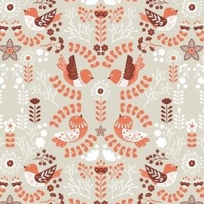 Scandinavian Floral Birds - Orange Gray