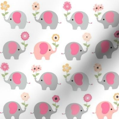 Happy Elephants – Pink Blush Gold Peach Flowers, Girls Bedding, SMALLER scale