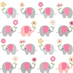 Happy Elephants – Pink Blush Gold Peach Flowers, Girls Bedding, SMALLER scale