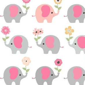 Happy Elephants – Pink Blush Gold Peach Flowers, Girls Bedding, MEDIUM scale