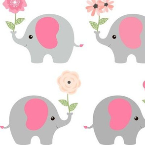 Happy Elephants – Pink Blush Gold Peach Flowers, Girls Bedding, LARGER scale