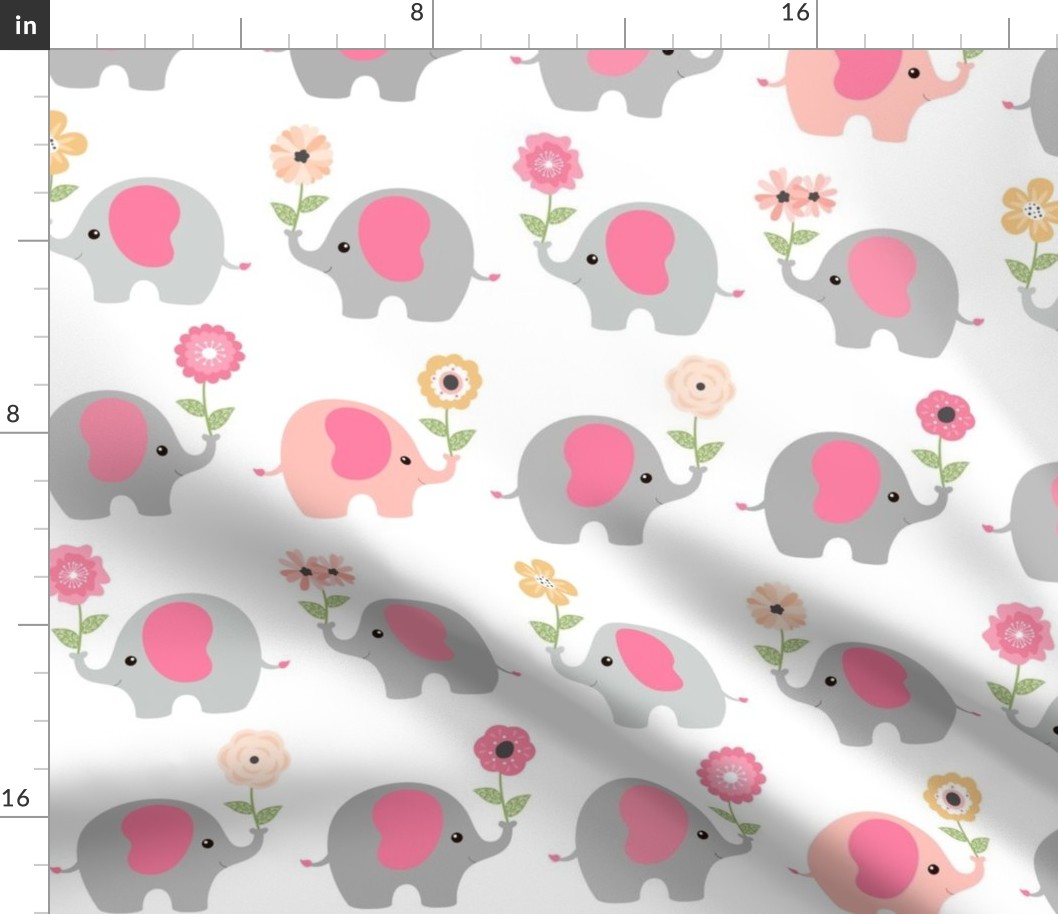 Happy Elephants – Pink Blush Gold Peach Flowers, Girls Bedding, LARGER scale