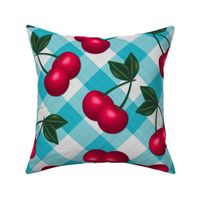 Cherries on Light Blue Gingham - Large Scale