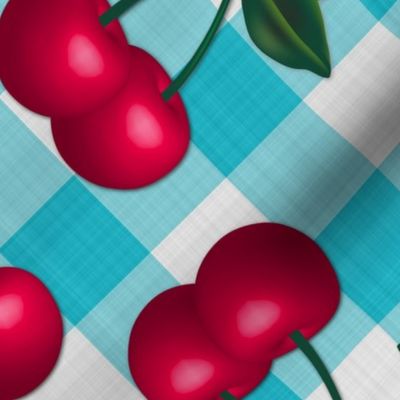 Cherries on Light Blue Gingham - Large Scale