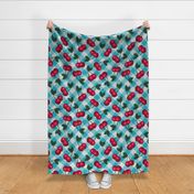 Cherries on Light Blue Gingham - Large Scale - retro vintage style