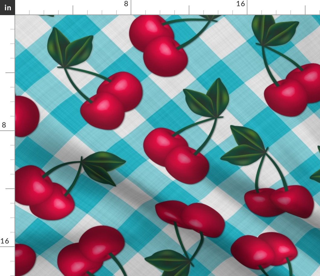 Cherries on Light Blue Gingham - Large Scale