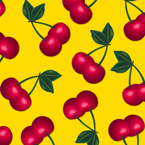 Jumbo Cherries on Bright Yellow background