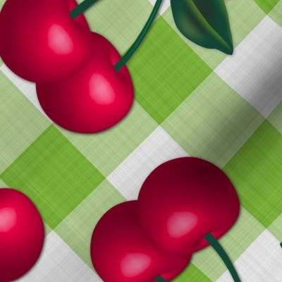 Jumbo Cherries on Lime Gingham