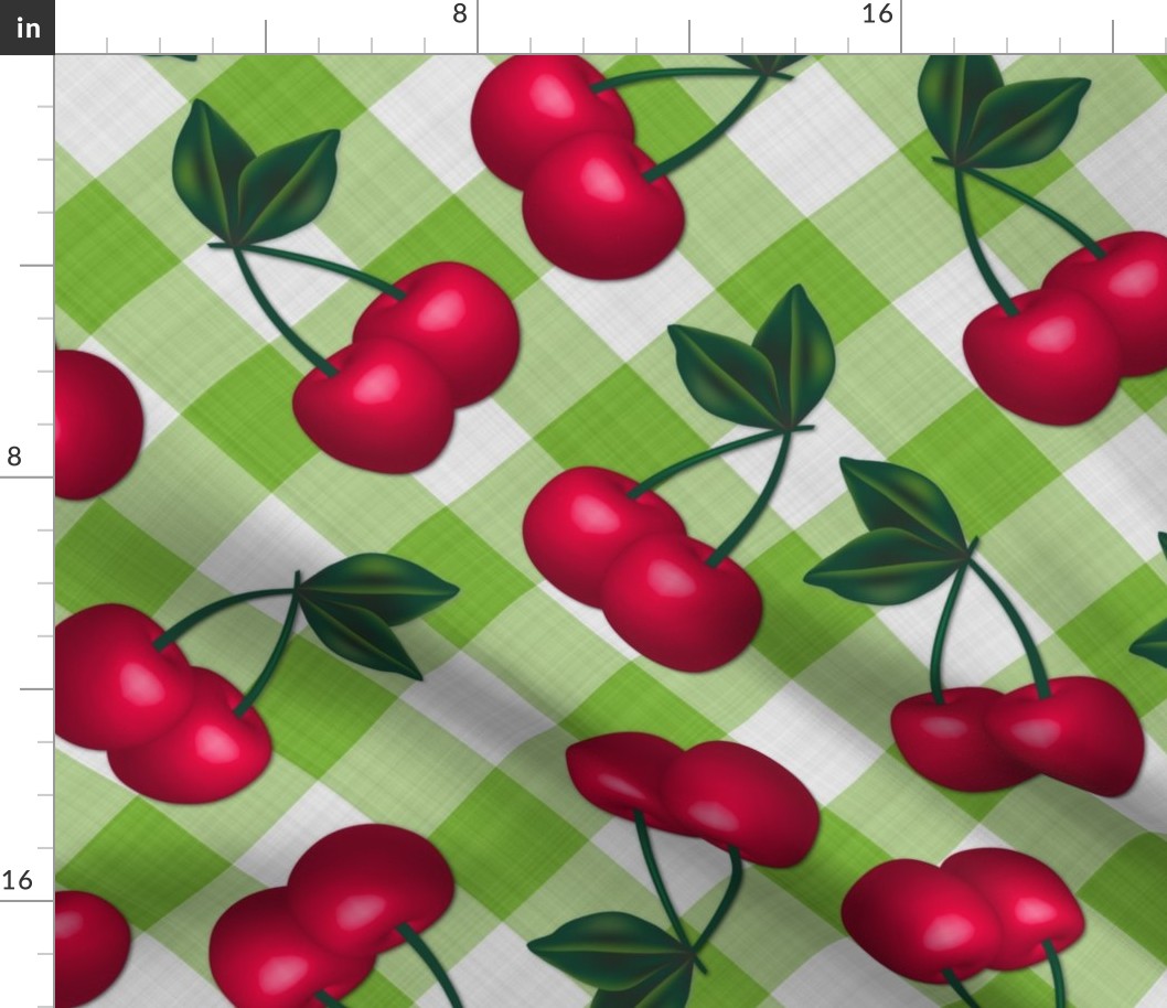 Jumbo Cherries on Lime Gingham