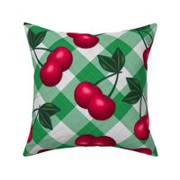 Jumbo red Cherries on Blue & Green Gingham Checkers - 50s Kitchen Decor