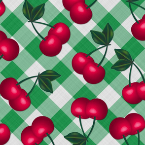 Jumbo Cherries on Hunter Green Gingham