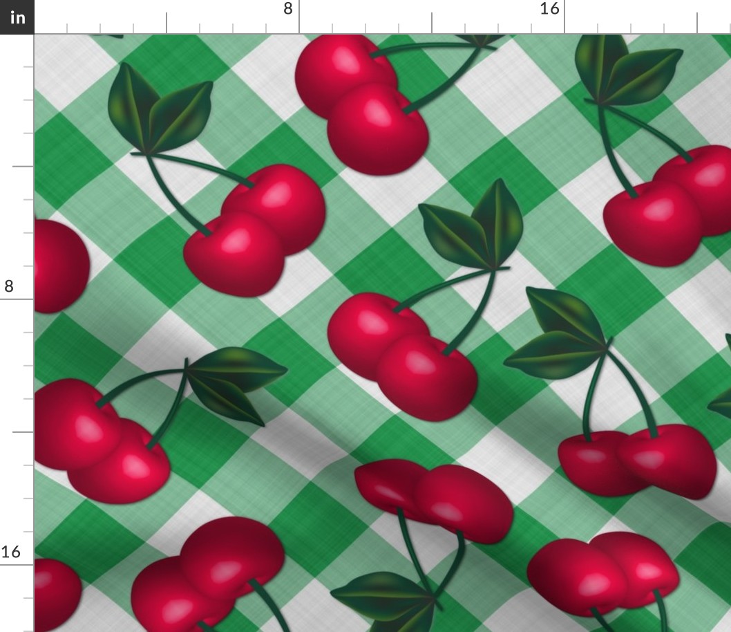 Jumbo Cherries on Hunter Green Gingham