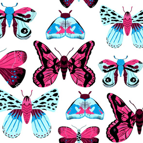 Pretty Moths -  Larger Scale Pink and Blue on White background