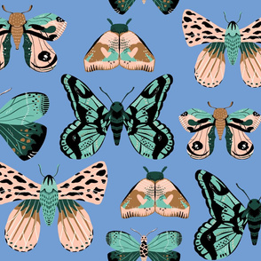 Pretty Moths -  Larger Scale on Blue background