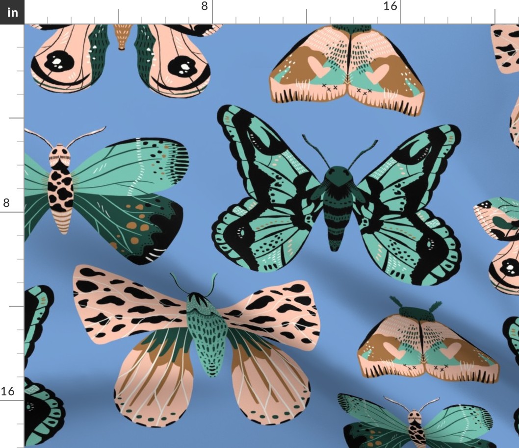 Pretty Moths -  Larger Scale on Blue background