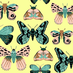 Pretty Moths - Larger Scale on Yellow background