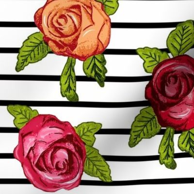 Multicolored Roses on Black and White Horizontal Stripes   