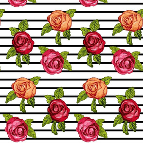 Multicolored Roses on Black and White Horizontal Stripes   