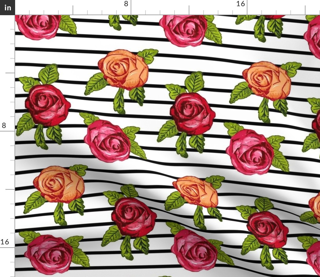 Multicolored Roses on Black and White Horizontal Stripes   