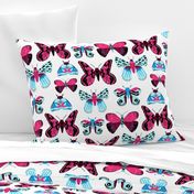 Pretty Moths -  Smaller Scale Pink and Blue on White background