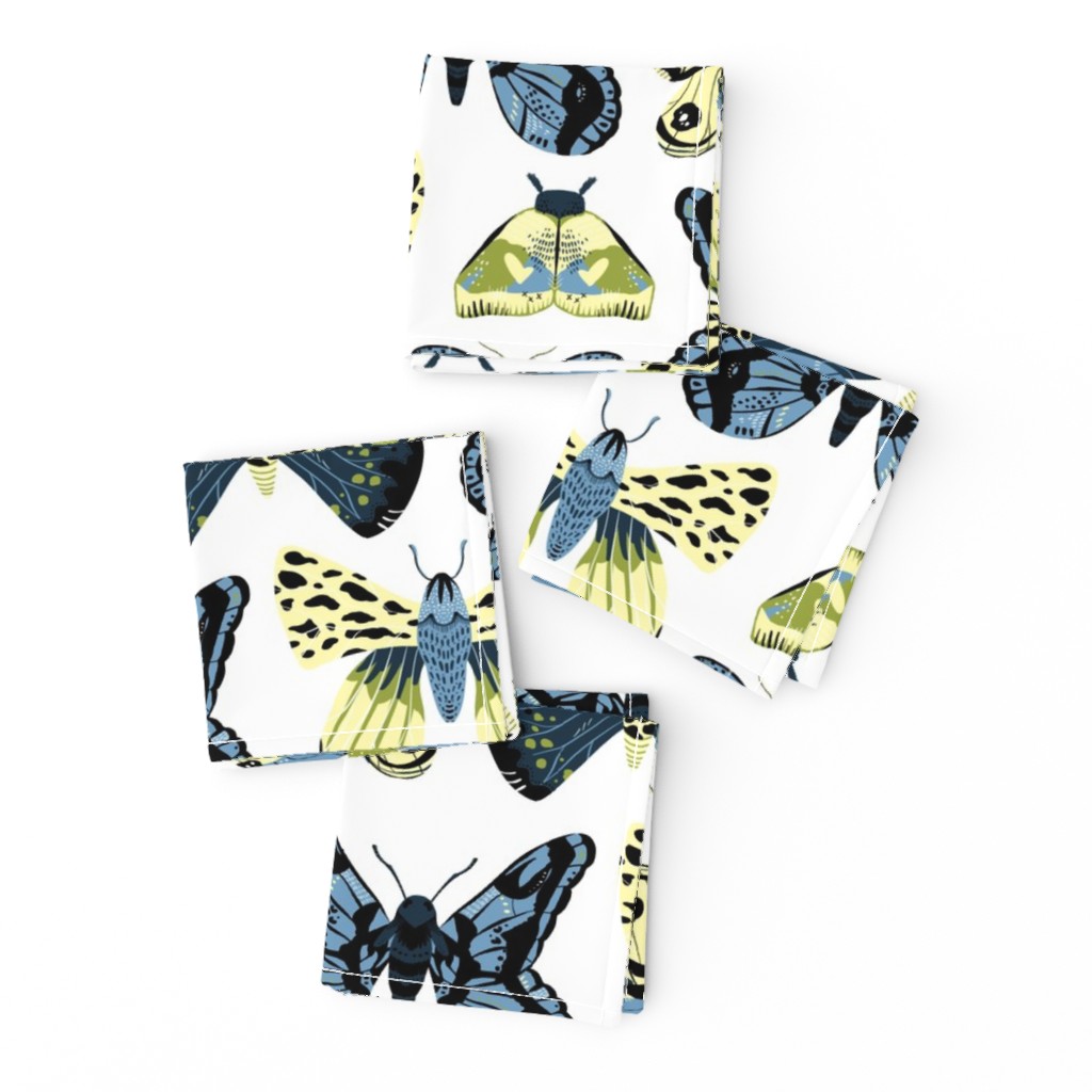 Pretty Moths -  Smaller Scale Blue and Yellow on White background